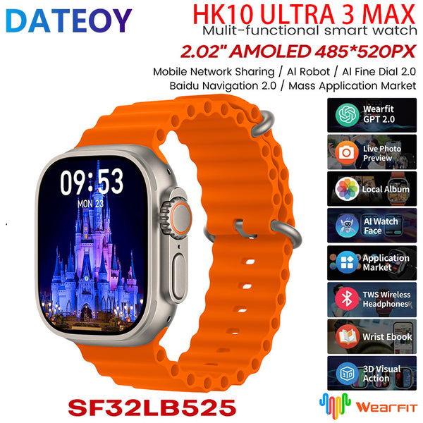 DATEOY HK10 ULTRA 3 Max Smartwatch – 2.02" AMOLED Display, 2GB, Bluetooth Network Sharing, AI Robot, Support Local Music TWS Connection, AI Features