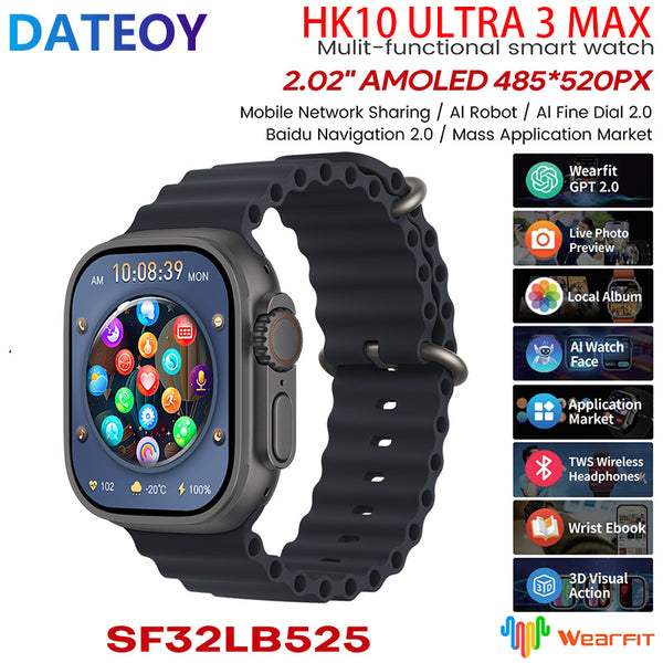 DATEOY HK10 ULTRA 3 Max Smartwatch – 2.02" AMOLED Display, 2GB, Bluetooth Network Sharing, AI Robot, Support Local Music TWS Connection, AI Features