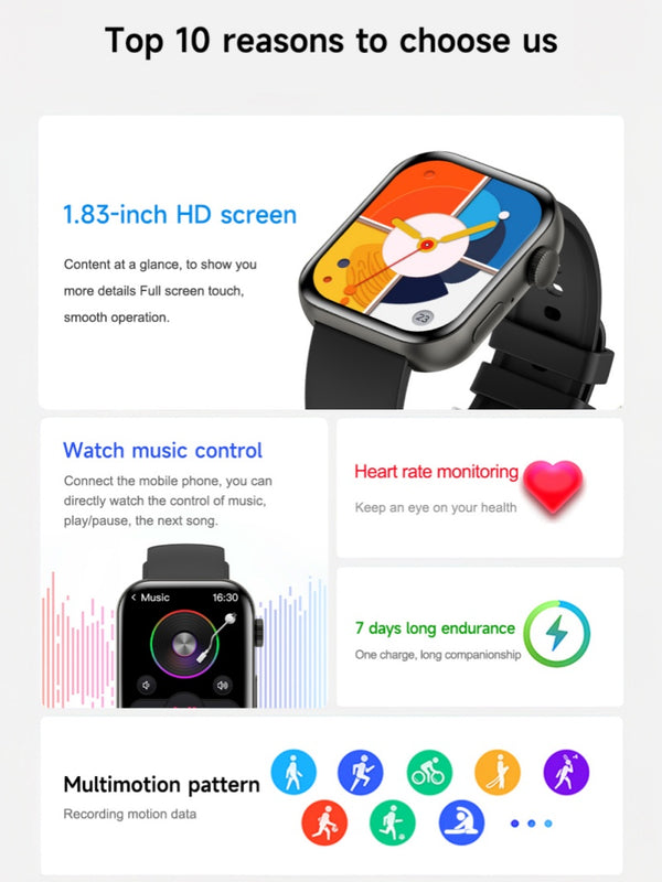 DaTeoy F3 Smartwatch with 1.83-inch HD Screen | Heart Rate & Sleep Monitoring | Bluetooth Calls | IP67 Waterproof | 7 Days Battery Life